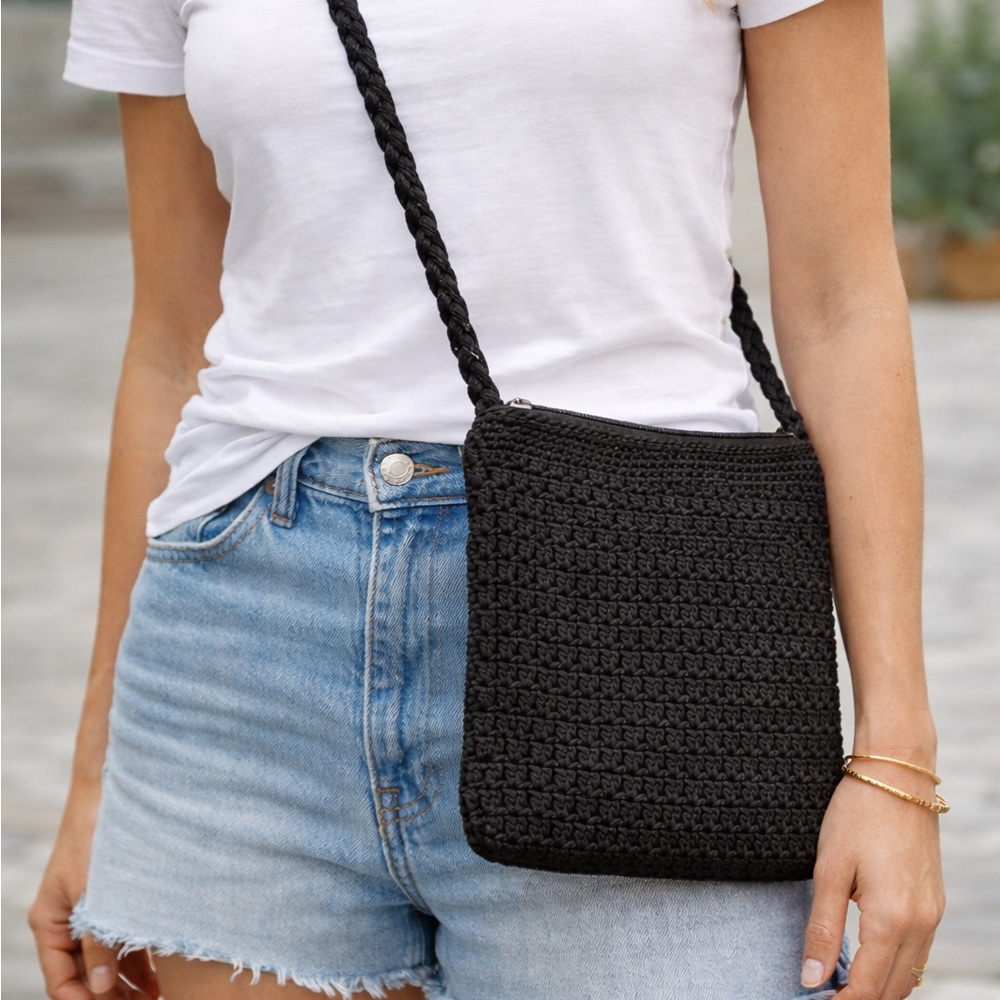 The Sak Black Crochet Crossbody Bag Braided Strap Classic Boho